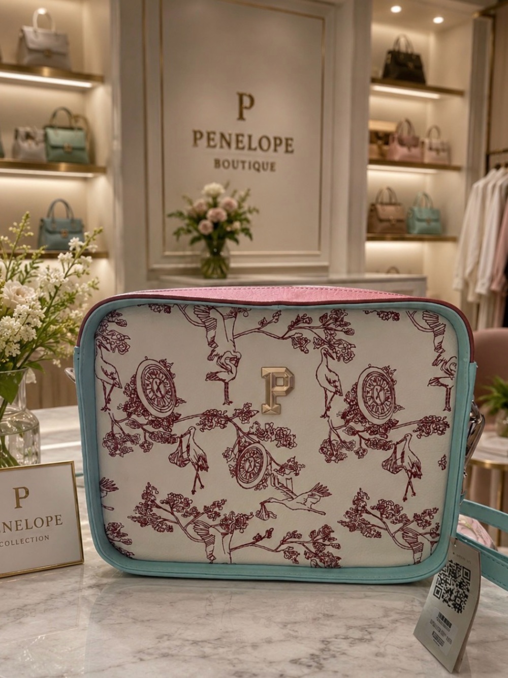 Penelope Boutique Mint & Pink Toile Print Crossbody Bag